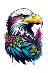 Eagle head with flowers for t-shirt design on transparent background
