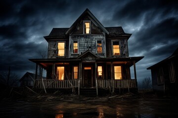 Haunted house with boarded up windows in dark