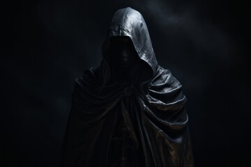 Fototapeta na wymiar Hooded figure with cape standing in the shadows.