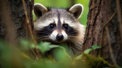 Fototapeta premium Curious raccoon hiding behind a tree trunk