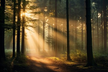 Fototapeta premium Misty forest clearing with sunbeams piercing through the mist