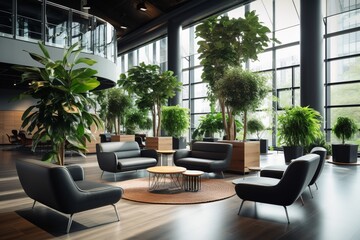Fototapeta premium Modern office lounge area with comfortable seating and plants