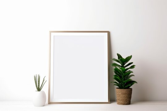Picture frame sitting next to a potted plant