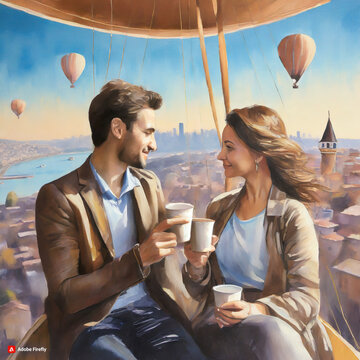 2 people having breakfast in a balloon in Istanbul