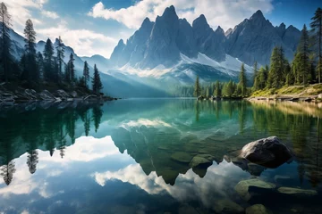 Papier Peint photo Lavable Réflexion Pristine lake reflecting the surrounding mountains in a tranquil natural scene