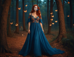 Obraz na płótnie Canvas A beautiful woman in blue dress with embroidered details and voluminous breasts with red hair.