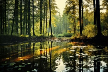 Fototapeta na wymiar Reflection of trees in a calm forest pond