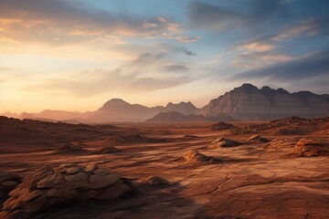 Fototapeta na wymiar Rocky desert landscape illuminated by the soft light of dawn