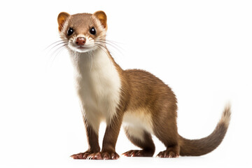 Least weasel standing on a white background. Animal side portrait.