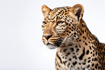 Leopard close-up portrait on a white background.