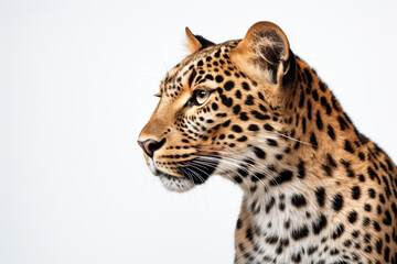 Leopard close-up portrait on a white background.