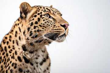 Leopard close-up portrait on a white background.