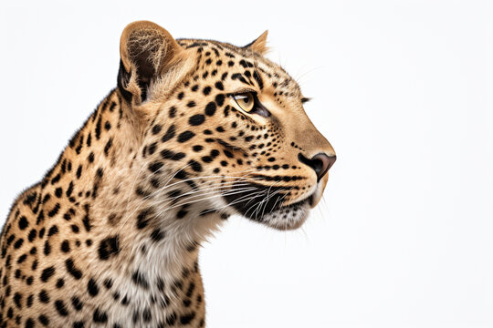 Leopard close-up portrait on a white background.