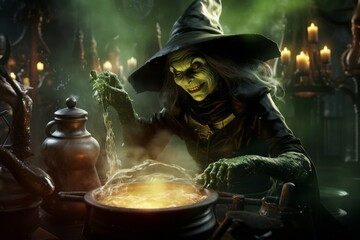 Wicked witch stirring a magical brew.