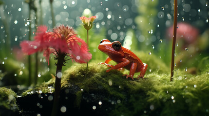 Spring's New Beginnings: Red Frog Reveling in Raindrops, Generative AI illustration