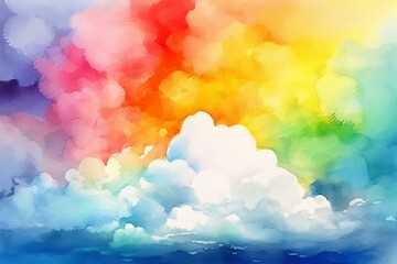 Colorful watercolor painting of a vibrant rainbow and fluffy clouds. Generative AI