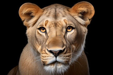 Fototapeta premium Lioness close-up portrait on a black background.