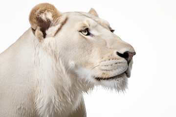 Obraz premium White lioness close-up portrait on a white background.