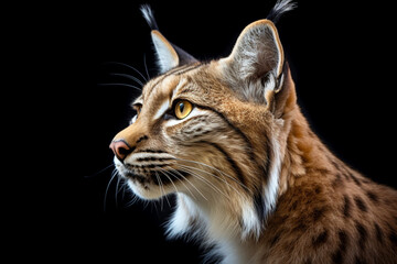 Eurasian Lynx close-up portrait on a black background.