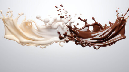 Fototapeta premium Chocolate and milk splash wave splash on a white background isolated. Vector brown chocolate swirl streams, complete with liquid splashing and droplets