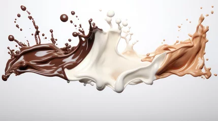 Poster Chocolate and milk splash wave splash on a white background isolated. Vector brown chocolate swirl streams, complete with liquid splashing and droplets © Katewaree