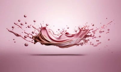 Foto op Canvas Chocolate and strawberry splash wave splash on a white background isolated. Vector brown chocolate and strawberry pink splash, complete with liquid splashing and droplets © Katewaree