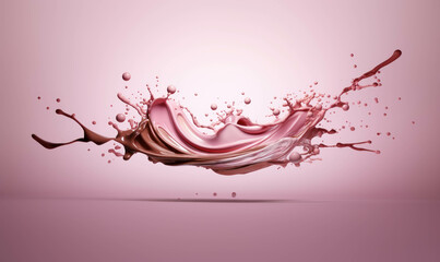 Chocolate and strawberry splash wave splash on a white background isolated. Vector brown chocolate and strawberry pink splash, complete with liquid splashing and droplets