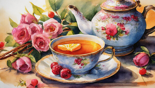floral teapot and a cup, roses, raspberries, afternoon tea, close-up, watercolor