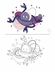 Cute Outer space, black and white coloring page for kids and adults , line art, simple cartoon style, happy cute and funny