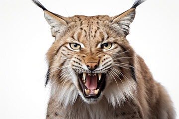 Obraz premium Lynx roaring close-up portrait on a white background.