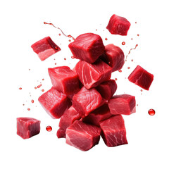falling meat beef cubes isolated on transparent background