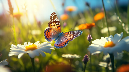 Spring's Dance: Butterfly on a Blooming Flower, Generative AI illustration