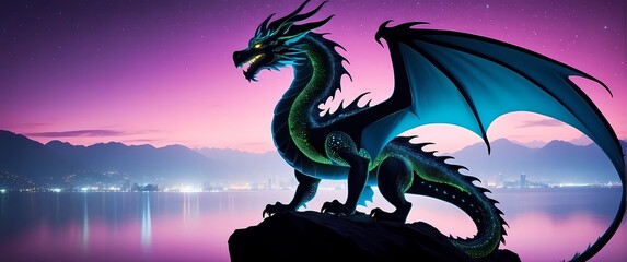 Colorful dragon art illustration on dark fantasy background, Vibrant Neon Dragon