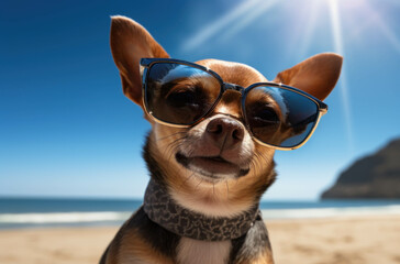 The Chihuahua is wearing sunglasses and standing on the sand with a blue ocean in a summer vacation holiday background