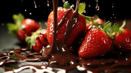 Fresh strawberries dipped in chocolate sauce splashed with text space - obrazy, fototapety, plakaty