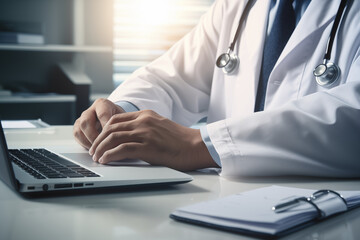 Partial close-up of doctor in white coat working in front of laptop