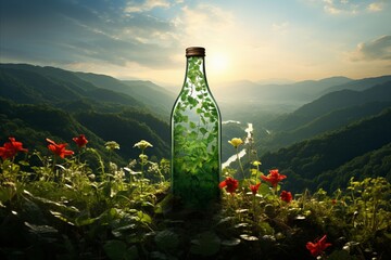 Bottle of Mineral Water adorned with Glistening Dew in Serene Green Meadows. Close-up. Background.