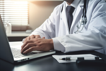 Partial close-up of doctor in white coat working in front of laptop