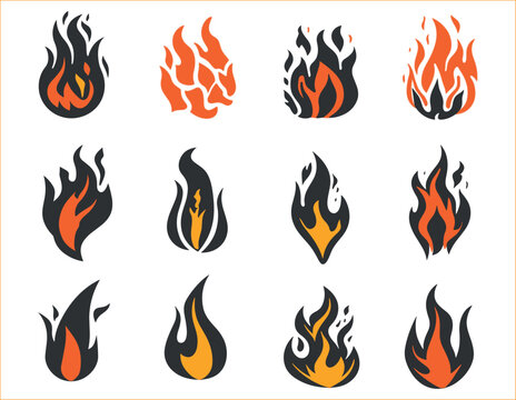 Fire flames black color silhouette set