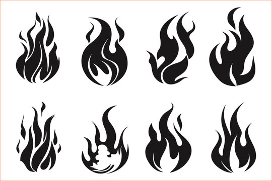 Fire flames black color silhouette set