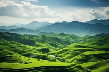 Beautiful scene of a vibrant green valley surrounded by rolling hills. Generative AI - obrazy, fototapety, plakaty