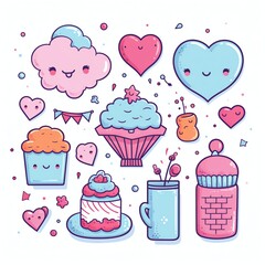 cute romantic items stickers, drawing, beautiful, colorful, t-shirt design, white background