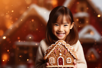 Naklejka premium portrait of a Asian kid with Christmas cookies (Created with Artificial intelligence)