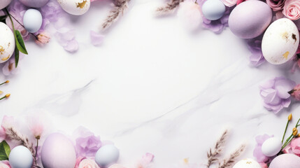 Fototapeta na wymiar An elegant Easter frame created with a selection of pastel eggs and soft purple florals on a white marble background.
