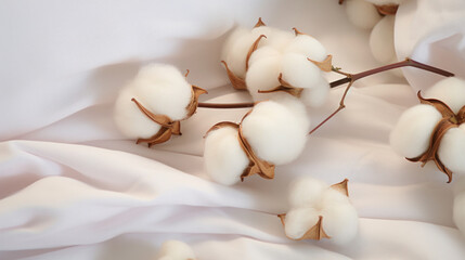 Close-up of natural cotton bolls on delicate satin textile, a serene and pure composition.