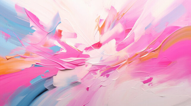 Abstract painting with a pink floral explosion, blending vibrant colors into a striking art piece.