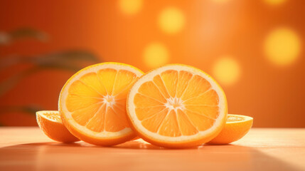 Halved and sliced fresh oranges on a wooden surface with a vibrant orange backdrop and soft bokeh highlights.