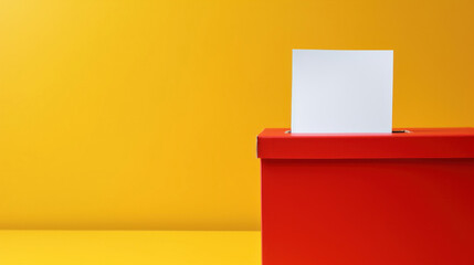 A bold red ballot box with a white blank voting card on a vibrant yellow background, symbolizing democracy and elections. - obrazy, fototapety, plakaty