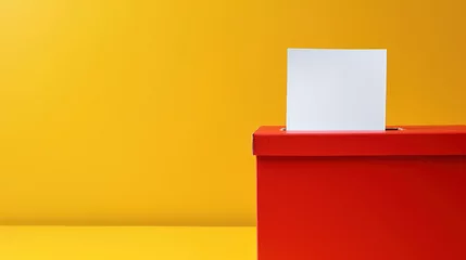 Foto op Plexiglas A bold red ballot box with a white blank voting card on a vibrant yellow background, symbolizing democracy and elections. © tashechka