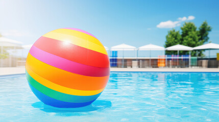 Fototapeta na wymiar A vibrant multicolored beach ball floats on the calm blue waters of a pool, evoking summer fun and relaxation.